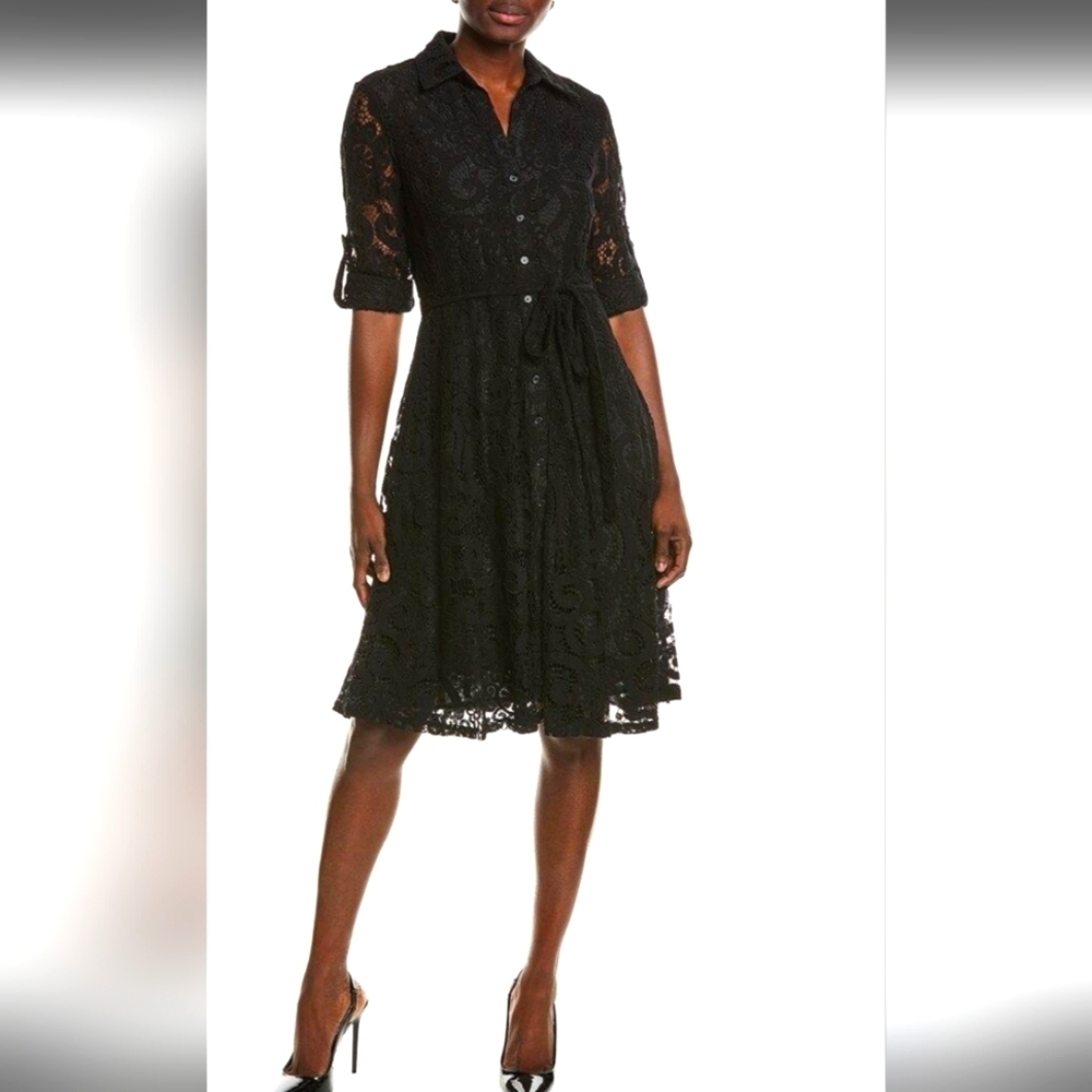 Nanette Lepore Black Buttoned Midi Dress with Notched Collar Size 16 NWT